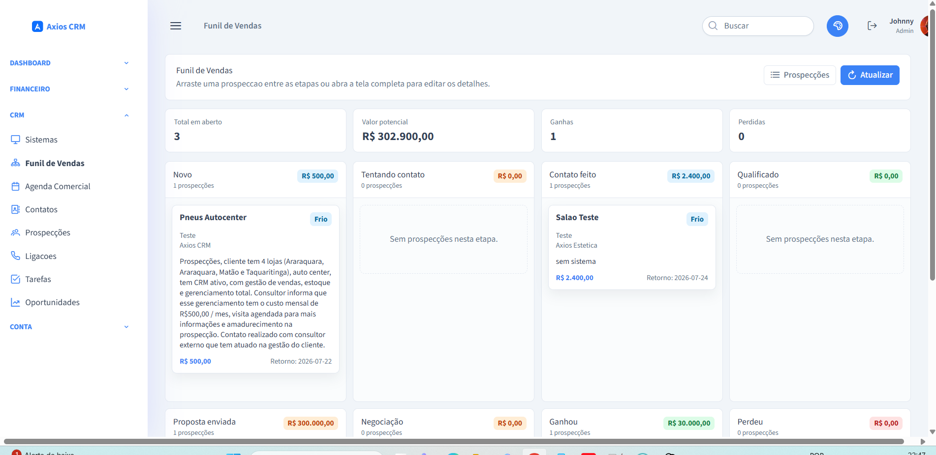 Tela kanban do CRM Axios