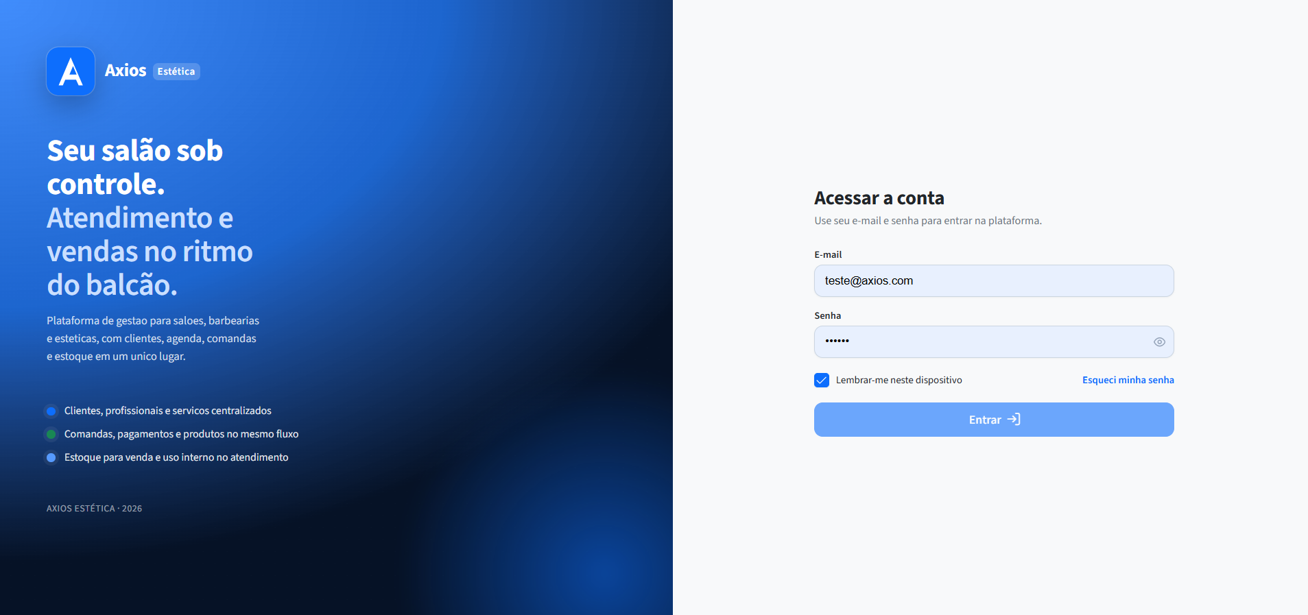 Painel do sistema para estética da Axios Tecnologia